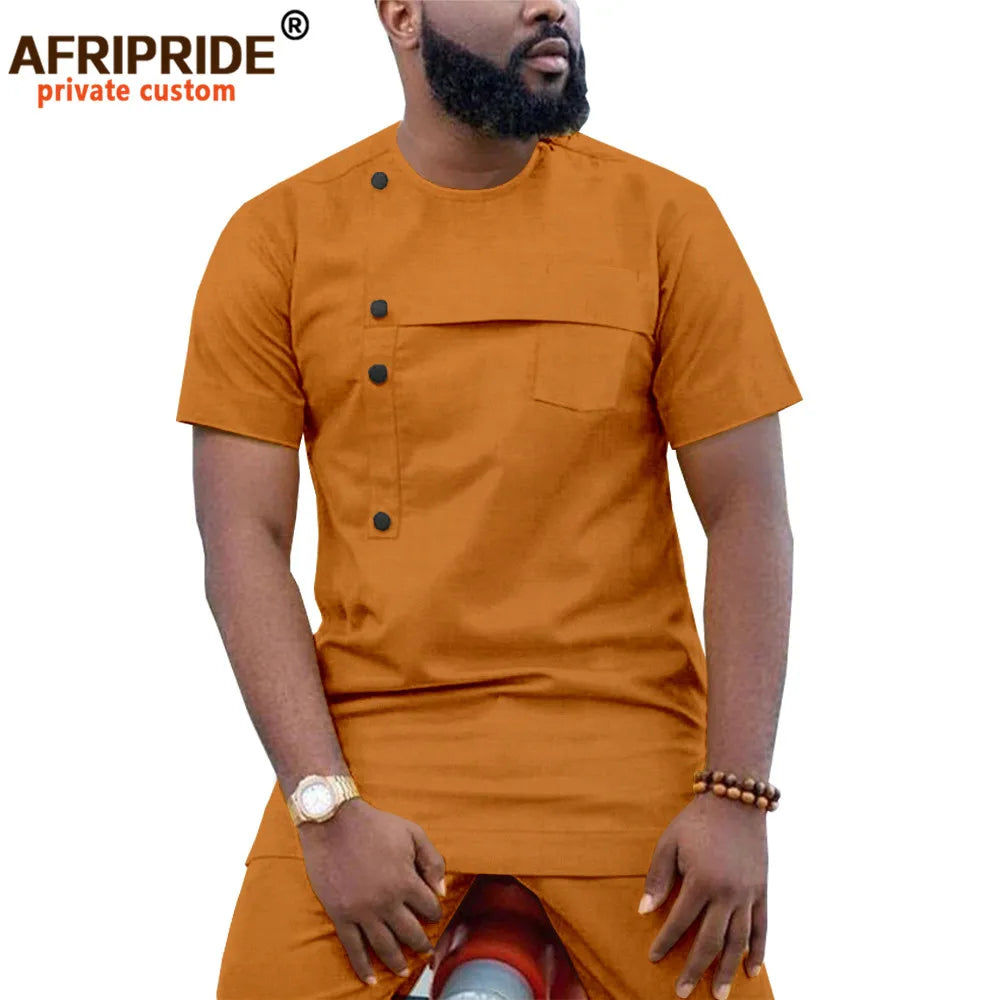 Men Clothing Ankara Pants Set, Dashiki Shirt 2 Piece Outfit, Crop Top Attire Short Sleeve Casual