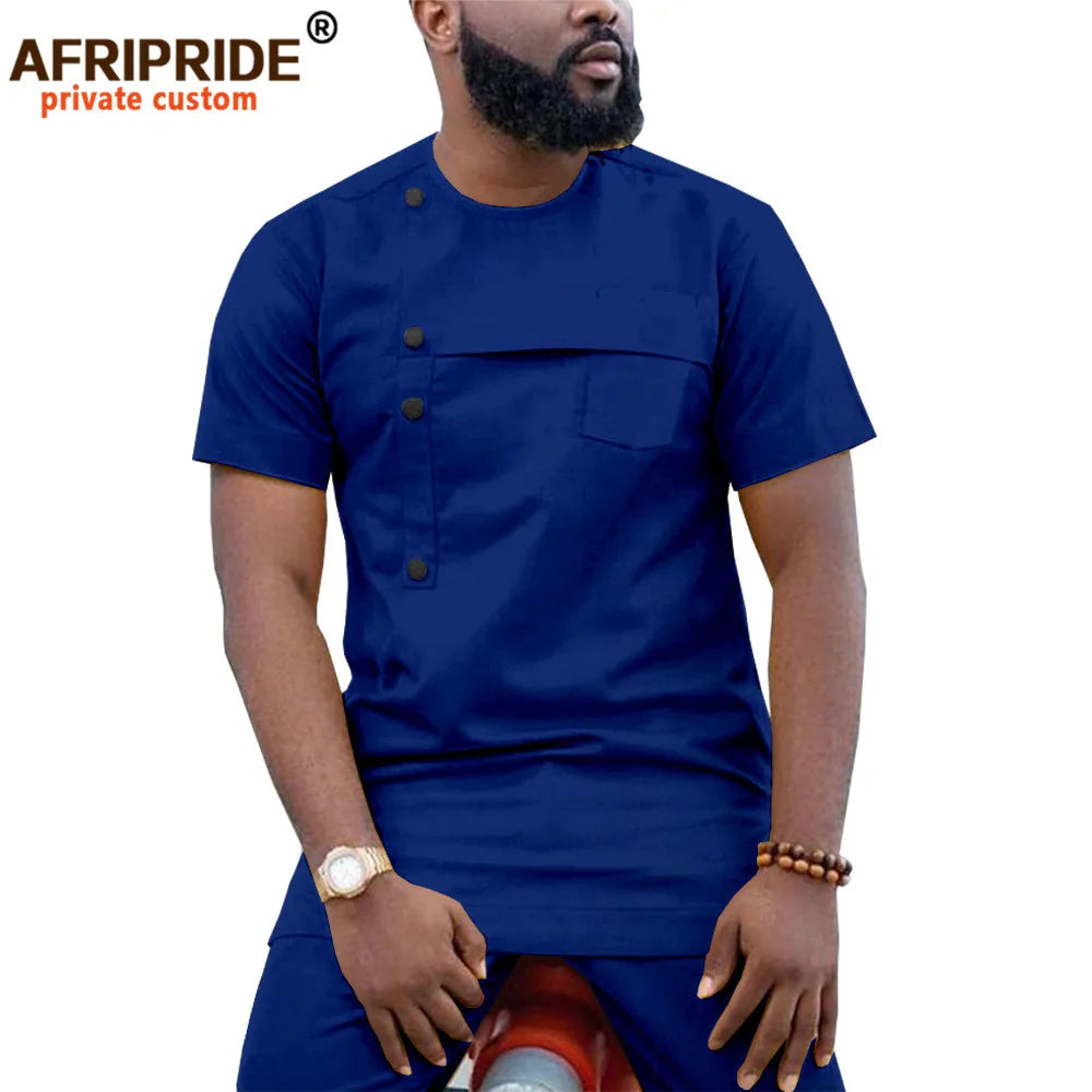 Men Clothing Ankara Pants Set, Dashiki Shirt 2 Piece Outfit, Crop Top Attire Short Sleeve Casual