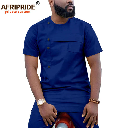 Men Clothing Ankara Pants Set, Dashiki Shirt 2 Piece Outfit, Crop Top Attire Short Sleeve Casual