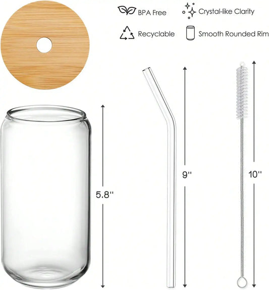 4PCS 16OZ Glass\Cups With Bamboo Lids And Straws, Ice Coffee Cup, Home Essential Glass Tumblers For Beer, Cocktail, Tea And Latte Clear.