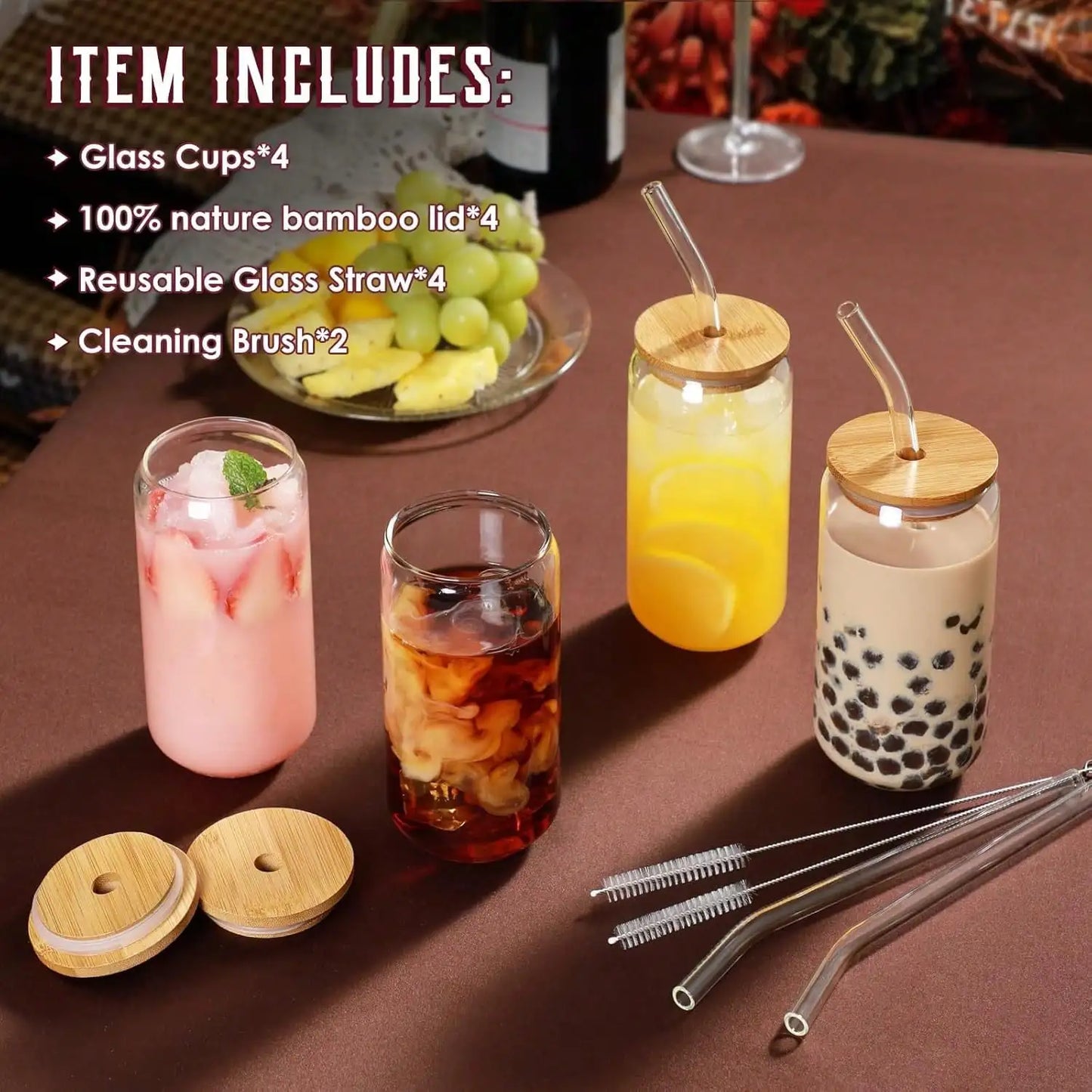 4PCS 16OZ Glass\Cups With Bamboo Lids And Straws, Ice Coffee Cup, Home Essential Glass Tumblers For Beer, Cocktail, Tea And Latte Clear.