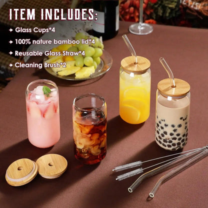 4PCS 16OZ Glass\Cups With Bamboo Lids And Straws, Ice Coffee Cup, Home Essential Glass Tumblers For Beer, Cocktail, Tea And Latte Clear.