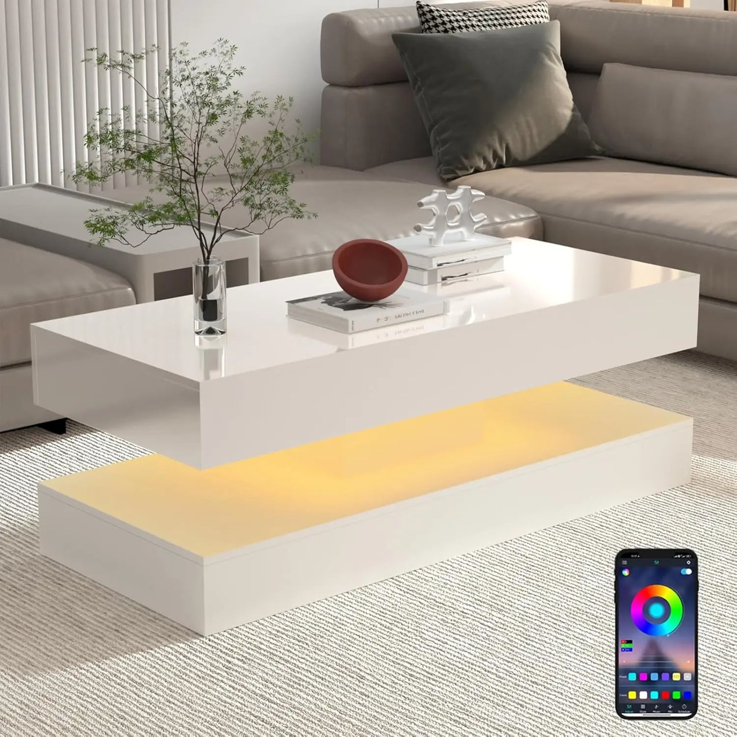 Modern Stylish Coffee Table with LED lights, Double-Layer Design for Living Room, Coffee Table with 2 Storage Drawers