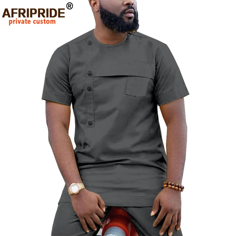 Men Clothing Ankara Pants Set, Dashiki Shirt 2 Piece Outfit, Crop Top Attire Short Sleeve Casual