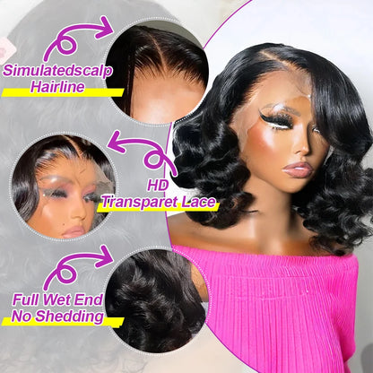 13x4 Glueless Body Wave Short Bob Wig, Human Hair Brazilian Ready To Go Lace Frontal Wig Pre Cut No Glue For Women