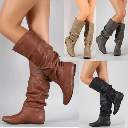 2024 Mid-Calf  Women Boots, Flat  Spring Autumn High Boots, Long Western Women Footwear Large size 35-43