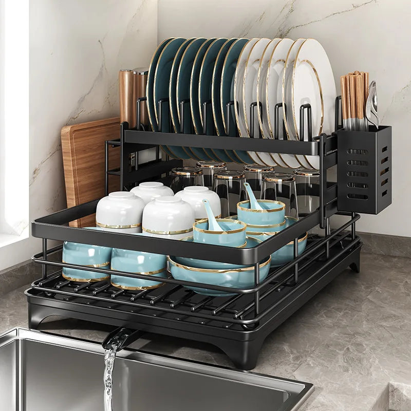 Adjustable Stainless Steel Dish Drying Rack with Drainboard - Over The Sink Plate Organizer, Kitchen