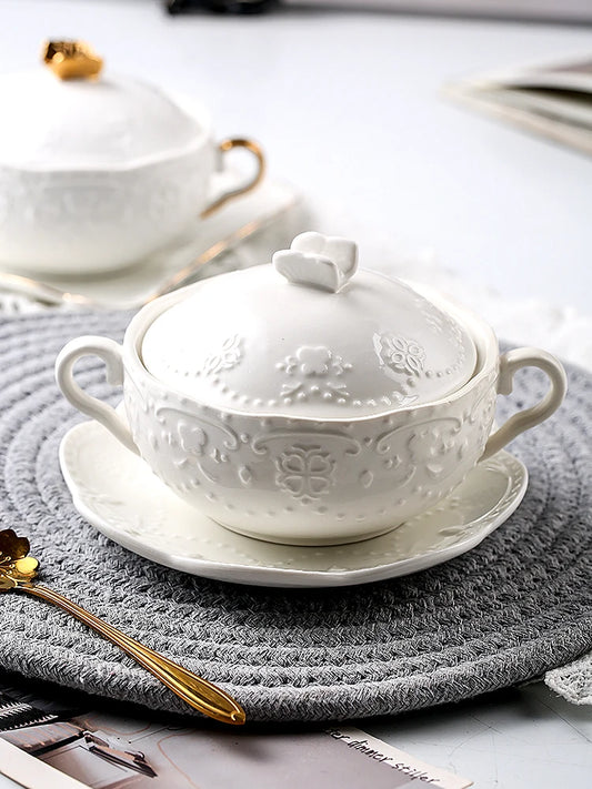 Relief dessert bowl, European ceramic bird's nest bowl, soup bowl, egg custard, microwave oven lid, steamed egg bowl, stew bowl