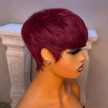 black pixie cut, machine made wig for women, 6inch 99j 1b30 color pixie straight human hair wig 150% density wig