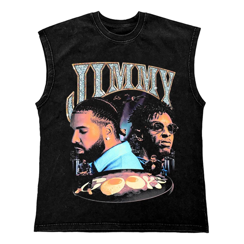 Washed Hip Hop Streetwear  Men T Shirt, Oversized Cotton Graphic Portrait Tank Tops