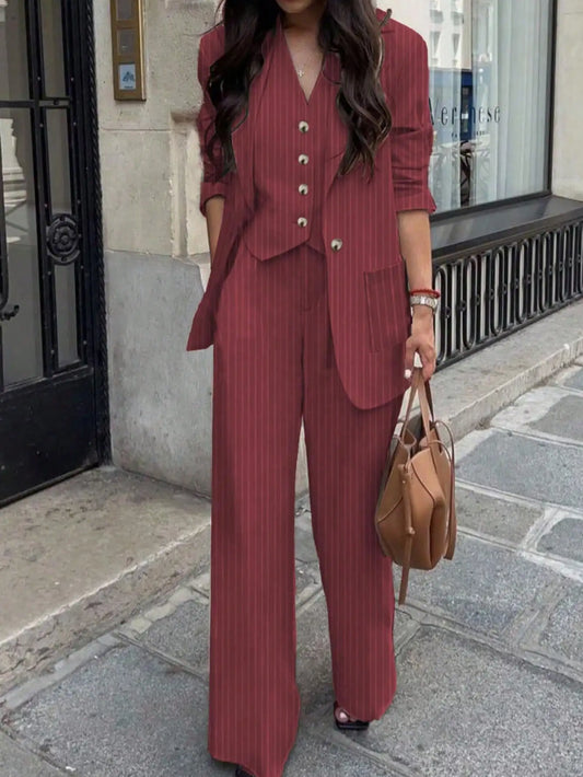 3 Piece Sets Women's Casual  Striped Jacket, Pants, Vest 3-Piece Suit Set, Spring/Summer