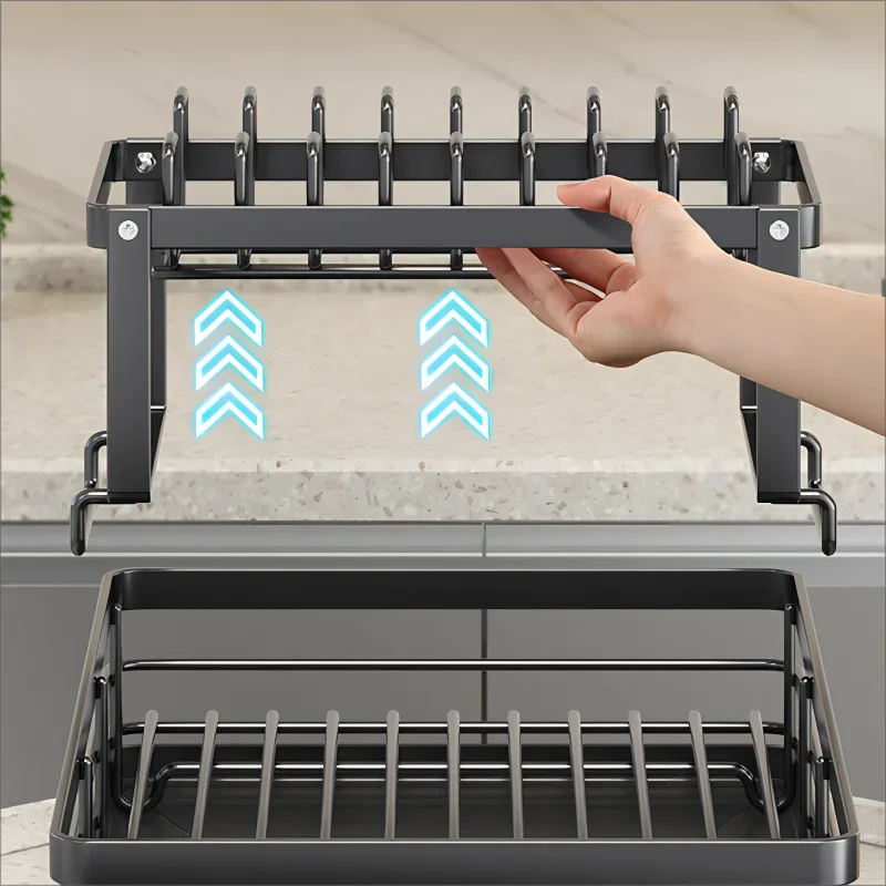 Adjustable Stainless Steel Dish Drying Rack with Drainboard - Over The Sink Plate Organizer, Kitchen