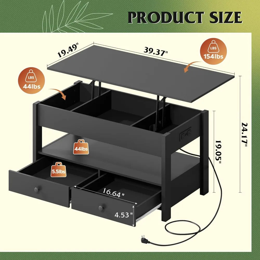 Black Lift Top Coffee Table with 2 Drawers LED Light - Large Storage Open Shelf for Living Room Modern Home Furniture