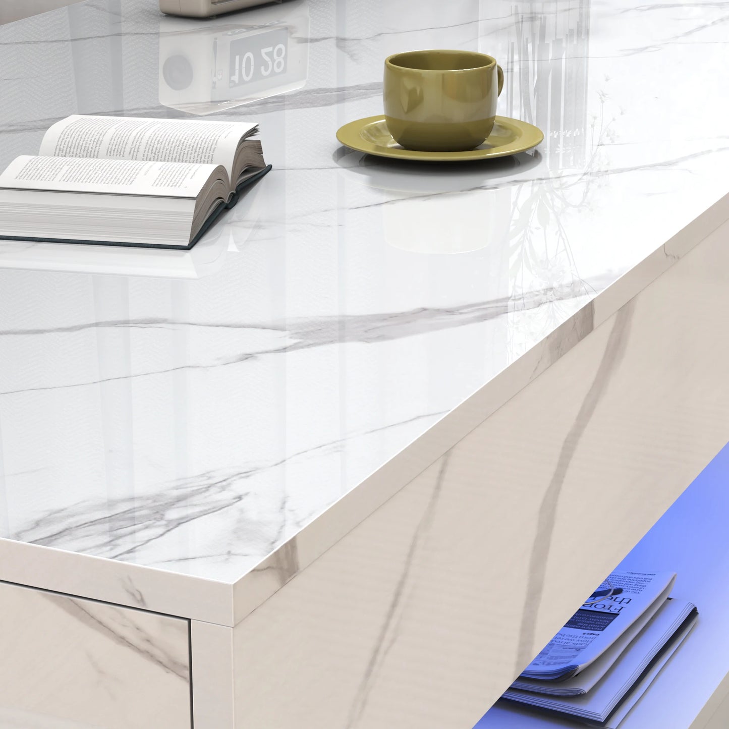 Modern Stylish Coffee Table with LED lights, Double-Layer Design for Living Room, Coffee Table with 2 Storage Drawers