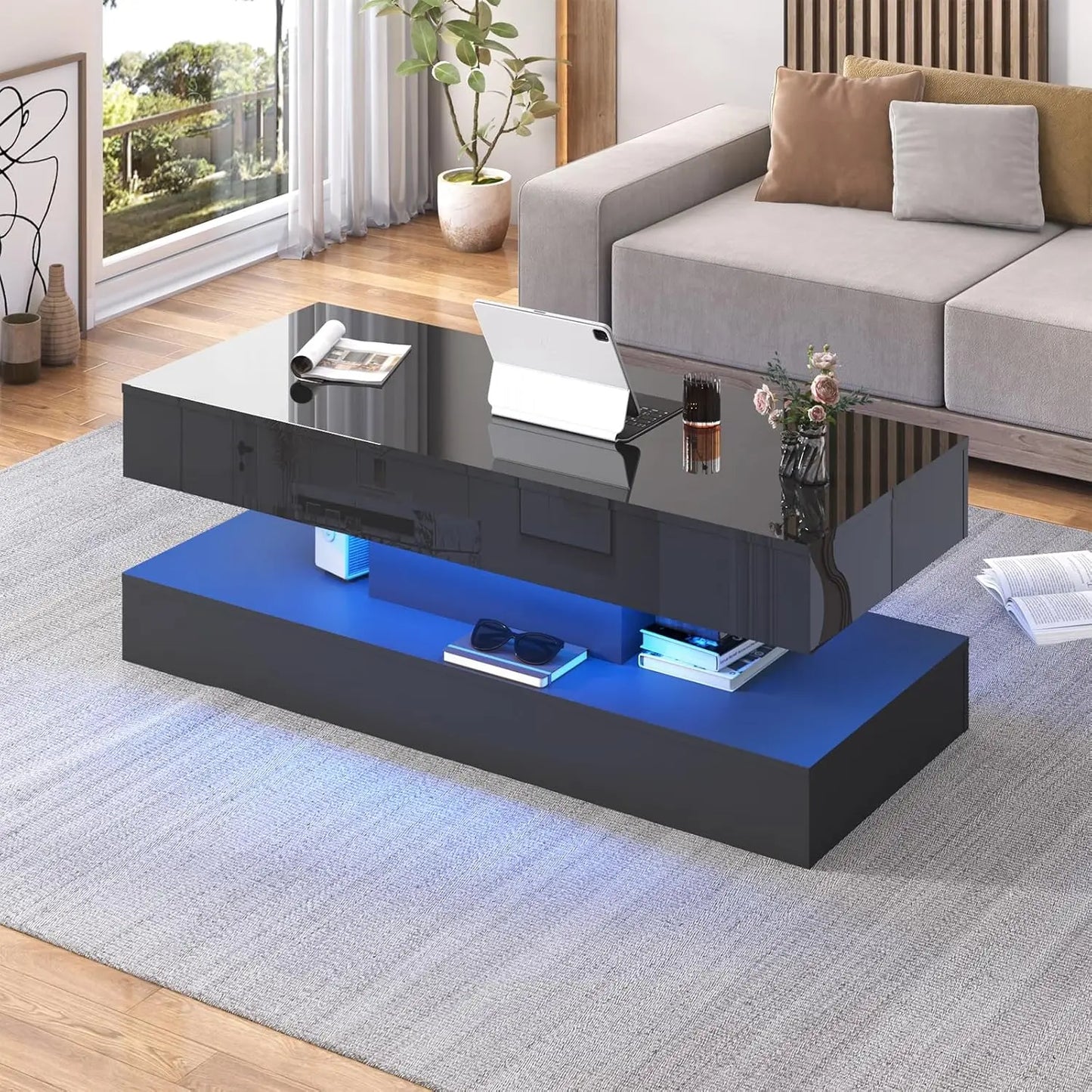 Modern Stylish Coffee Table with LED lights, Double-Layer Design for Living Room, Coffee Table with 2 Storage Drawers