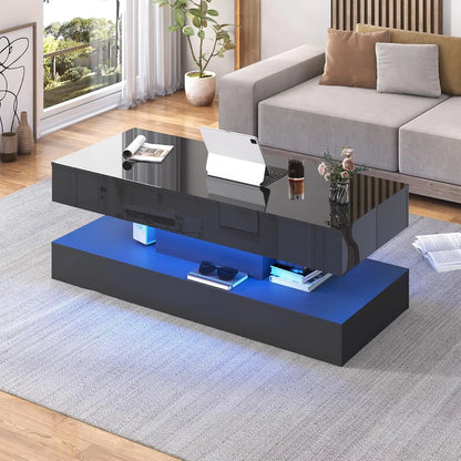 Modern Stylish Coffee Table with LED lights, Double-Layer Design for Living Room, Coffee Table with 2 Storage Drawers
