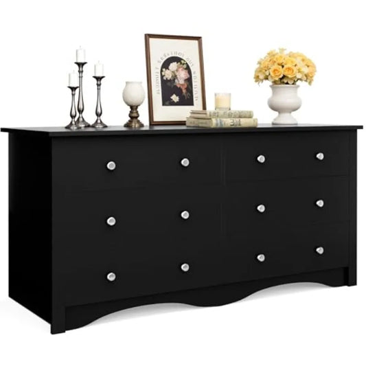 Black Dresser for Bedroom, 6 Wood Dresser Drawers, Wide Chest of Drawers Storage, Tower Unit Modern Design for Bedroom Living Room