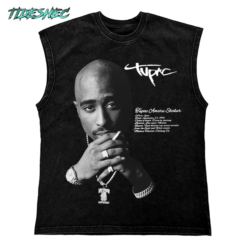 Washed Hip Hop Streetwear  Men T Shirt, Oversized Cotton Graphic Portrait Tank Tops
