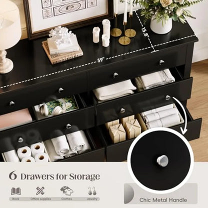 Black Dresser for Bedroom, 6 Wood Dresser Drawers, Wide Chest of Drawers Storage, Tower Unit Modern Design for Bedroom Living Room