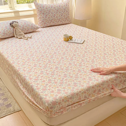 Double Yarn Pure Cotton Fitted Sheet, Soft Comfy Floral Printed Mattress Protector, Grade A Skin Friendly Elastic Bed Sheet