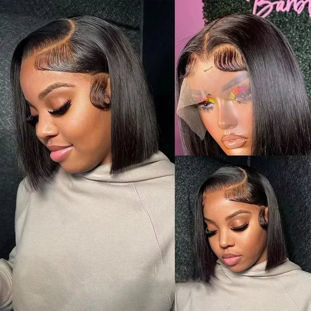 Human Hair, 220% Density 13x4 HD Lace Frontal, Short Straight Lace Front Bob Wigs, For Black Women Human Hair Pre Plucked Straight Brazilian Human Hair