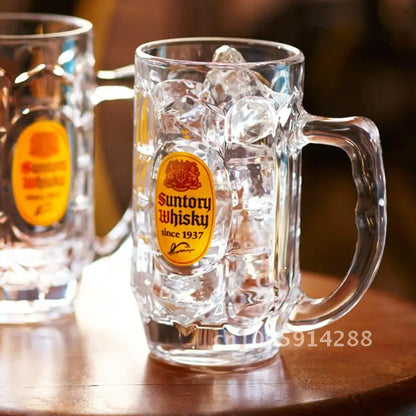 Glass Sunley Beer Mug with High-Footed Carved Flower Design. 401-500ml Capacity Classic Hi-Bang Whiskey Cup