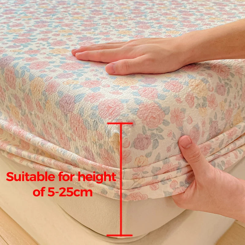 Double Yarn Pure Cotton Fitted Sheet, Soft Comfy Floral Printed Mattress Protector, Grade A Skin Friendly Elastic Bed Sheet