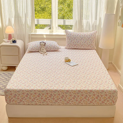 Double Yarn Pure Cotton Fitted Sheet, Soft Comfy Floral Printed Mattress Protector, Grade A Skin Friendly Elastic Bed Sheet