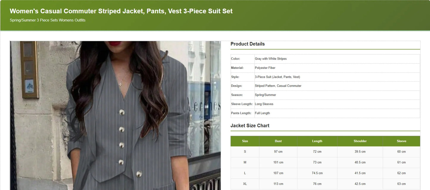 3 Piece Sets Women's Casual  Striped Jacket, Pants, Vest 3-Piece Suit Set, Spring/Summer