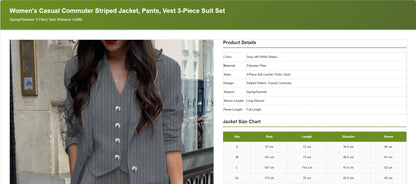 3 Piece Sets Women's Casual  Striped Jacket, Pants, Vest 3-Piece Suit Set, Spring/Summer
