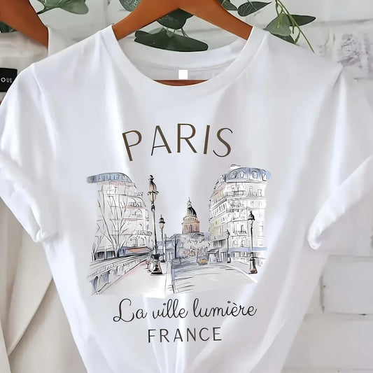 90s  Paris Women Print T-shirt Girl Short Sleeve Crew Neck Casual Top for Summer Spring Women's Clothing