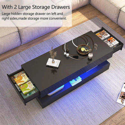 Modern Stylish Coffee Table with LED lights, Double-Layer Design for Living Room, Coffee Table with 2 Storage Drawers