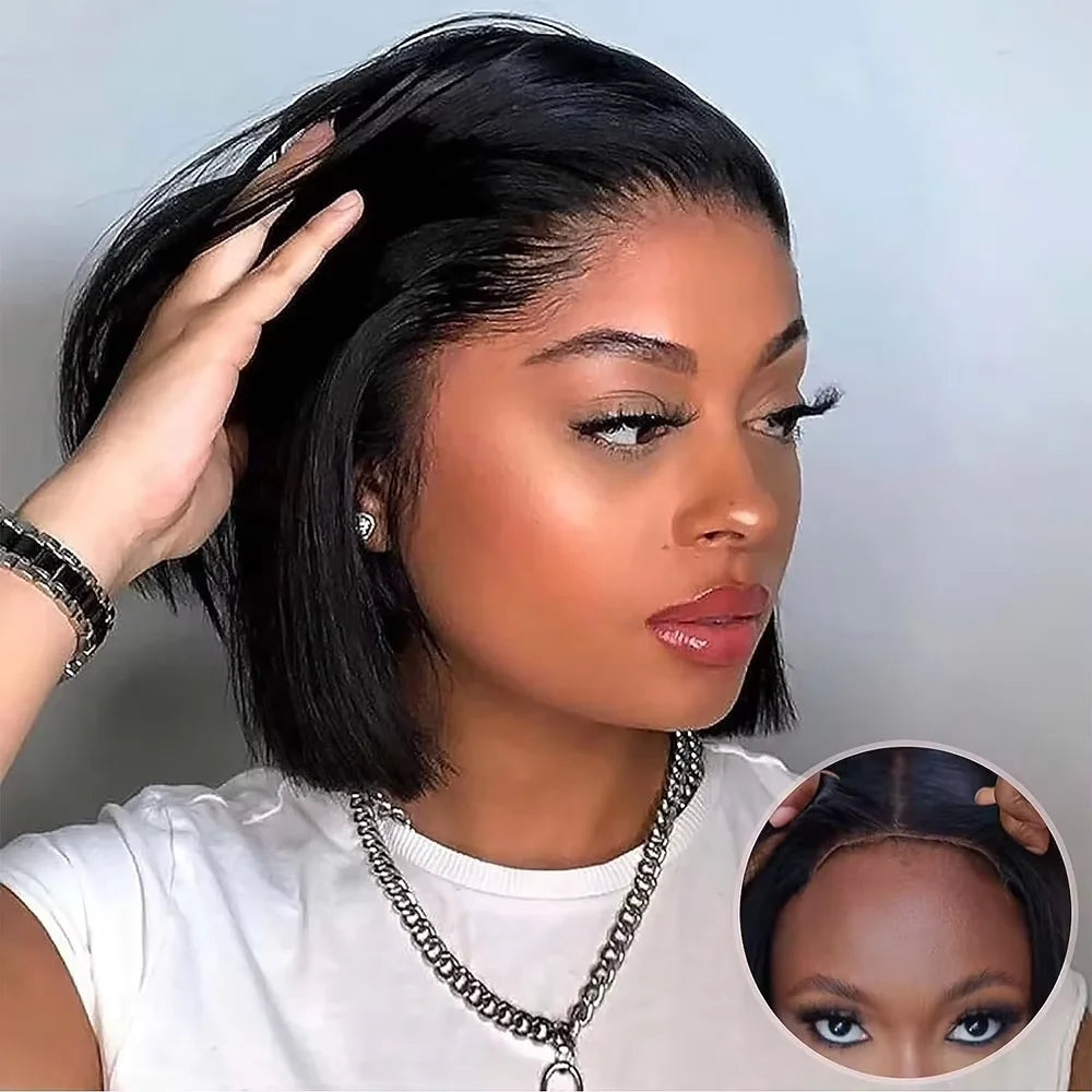 Human Hair, 220% Density 13x4 HD Lace Frontal, Short Straight Lace Front Bob Wigs, For Black Women Human Hair Pre Plucked Straight Brazilian Human Hair