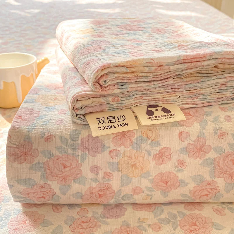 Double Yarn Pure Cotton Fitted Sheet, Soft Comfy Floral Printed Mattress Protector, Grade A Skin Friendly Elastic Bed Sheet