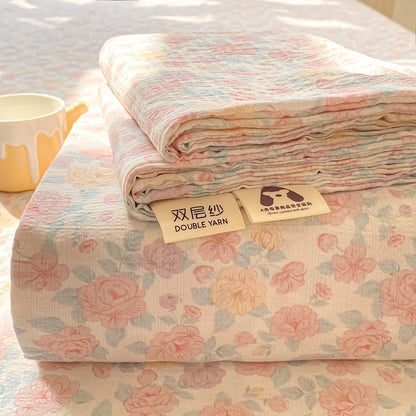Double Yarn Pure Cotton Fitted Sheet, Soft Comfy Floral Printed Mattress Protector, Grade A Skin Friendly Elastic Bed Sheet