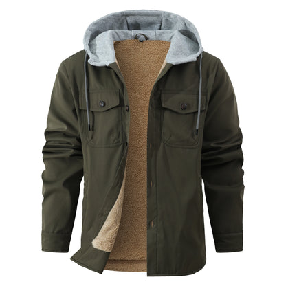 Men's Fleece-Lined Winter Hooded Jacket- Button-Front,  with Dual Chest Pockets,