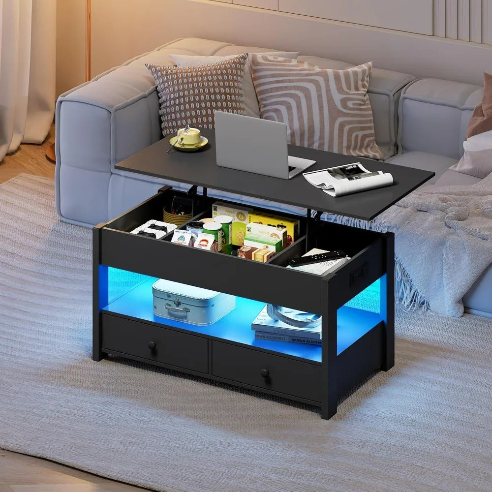 Black Lift Top Coffee Table with 2 Drawers LED Light - Large Storage Open Shelf for Living Room Modern Home Furniture