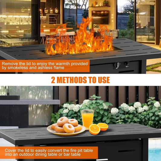 Walsunny 43 inch Outdoor Propane Fire Pit, 50,000 BTU Pit Table with Lid, Waterproof Cover