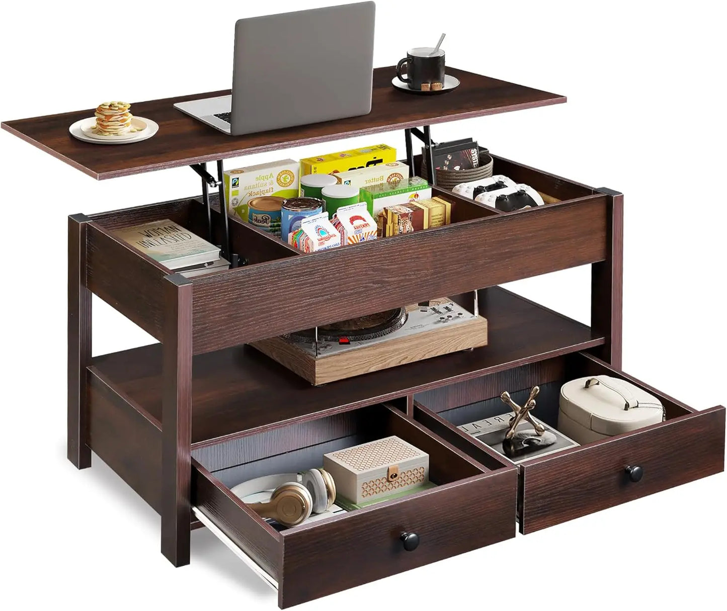 Black Lift Top Coffee Table with 2 Drawers LED Light - Large Storage Open Shelf for Living Room Modern Home Furniture