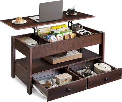 Black Lift Top Coffee Table with 2 Drawers LED Light - Large Storage Open Shelf for Living Room Modern Home Furniture