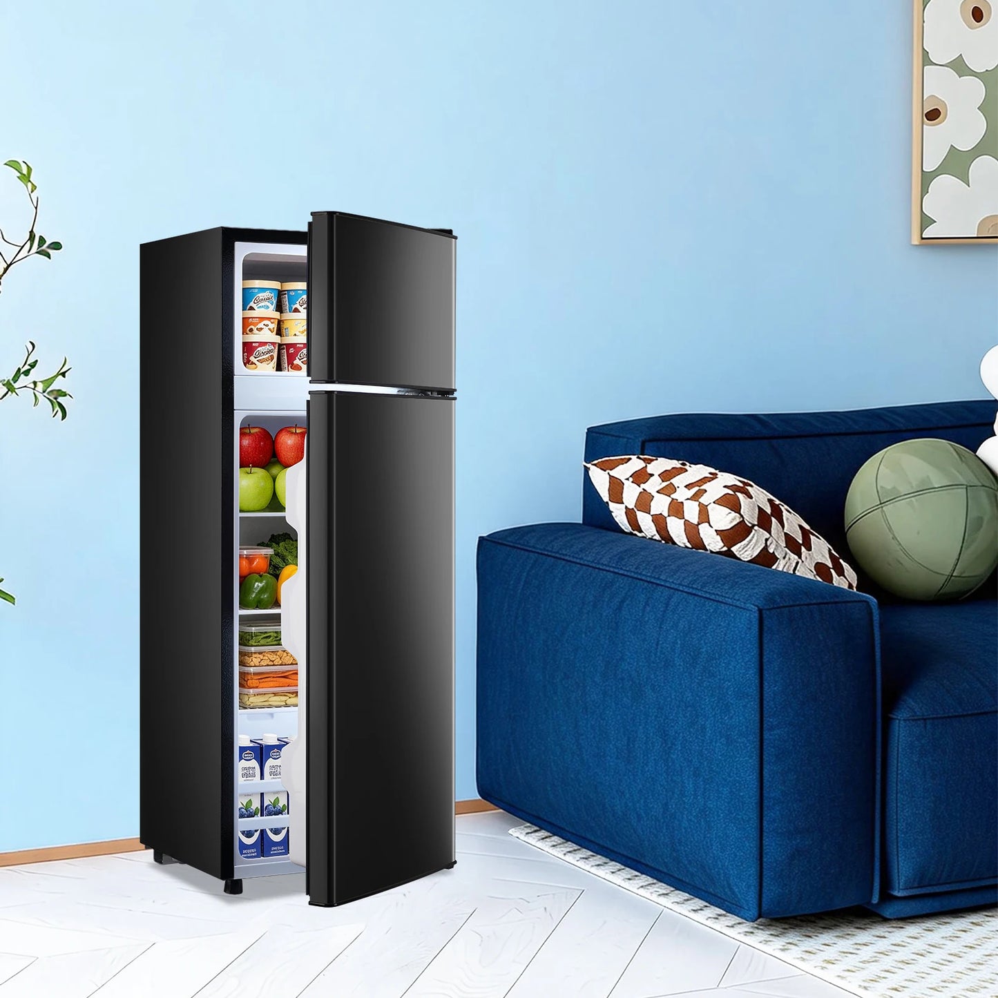 Mini Refrigerator with Top Freezer 66 Liter Dual Door, with 7-Level Adjustable Thermostat for Office, BLACK