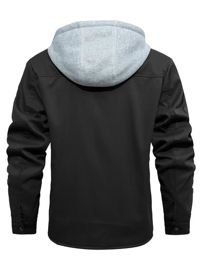 Men's Fleece-Lined Winter Hooded Jacket- Button-Front,  with Dual Chest Pockets,
