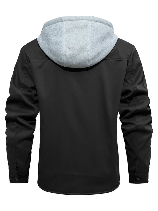 Men's Fleece-Lined Winter Hooded Jacket- Button-Front,  with Dual Chest Pockets,