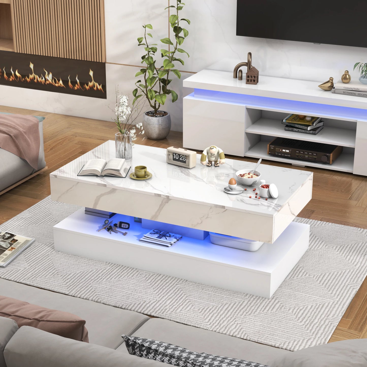 Modern Stylish Coffee Table with LED lights, Double-Layer Design for Living Room, Coffee Table with 2 Storage Drawers