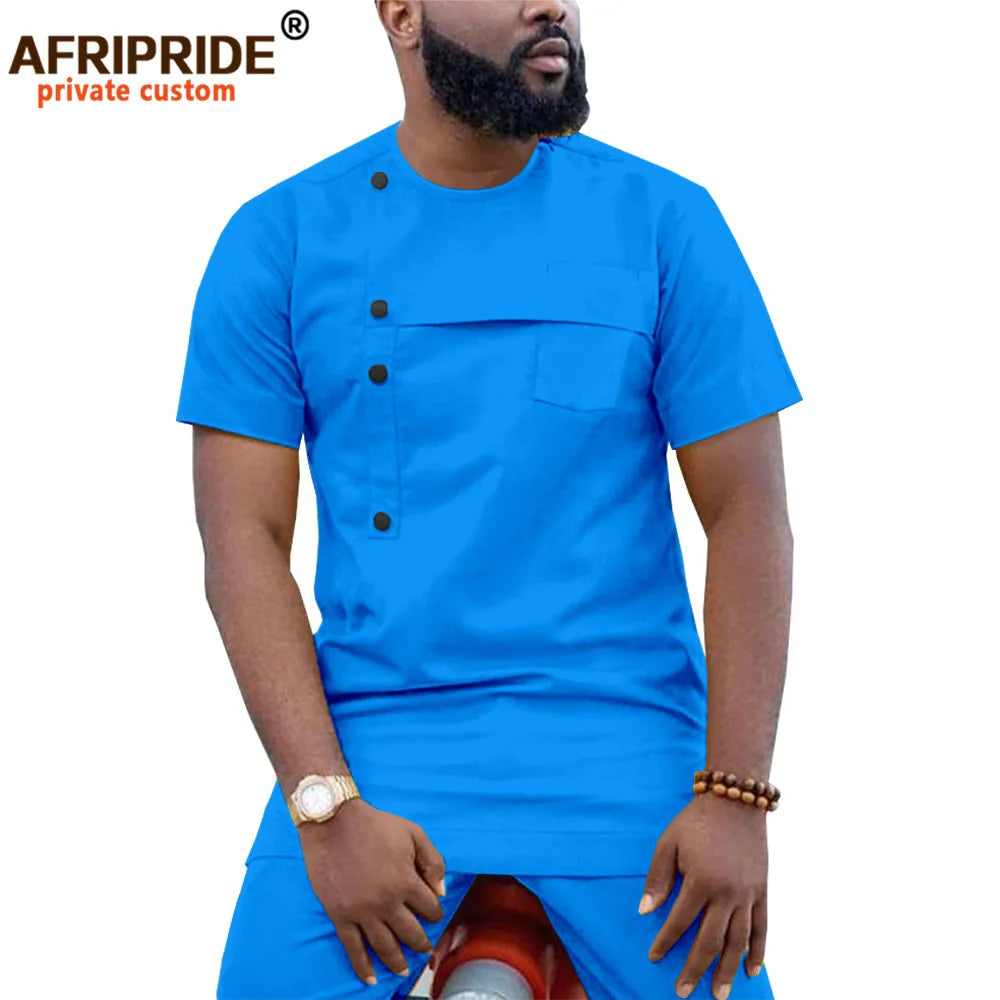 Men Clothing Ankara Pants Set, Dashiki Shirt 2 Piece Outfit, Crop Top Attire Short Sleeve Casual