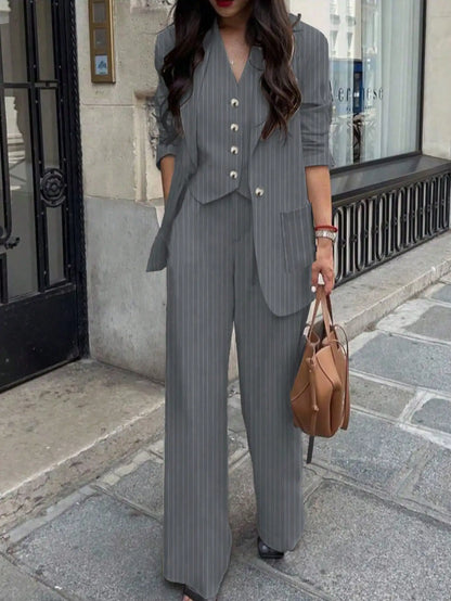 3 Piece Sets Women's Casual  Striped Jacket, Pants, Vest 3-Piece Suit Set, Spring/Summer