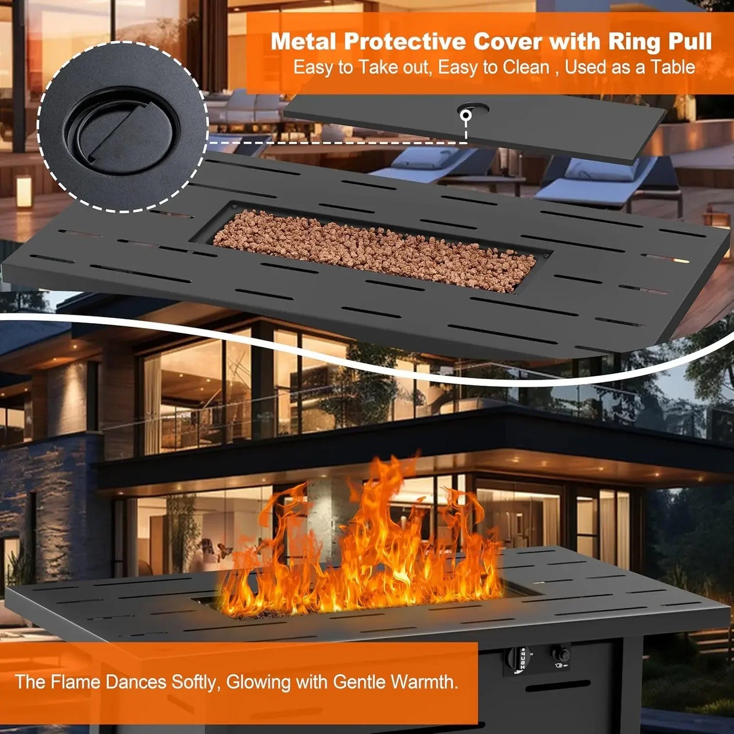 Walsunny 43 inch Outdoor Propane Fire Pit, 50,000 BTU Pit Table with Lid, Waterproof Cover
