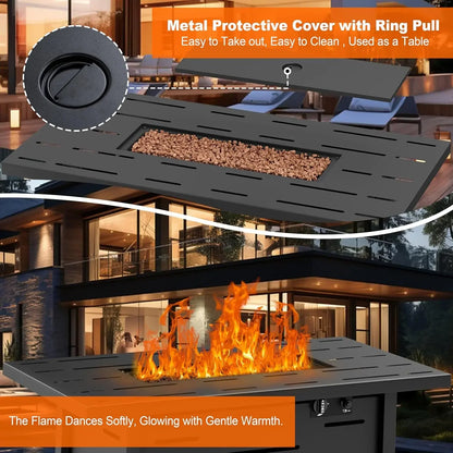 Walsunny 43 inch Outdoor Propane Fire Pit, 50,000 BTU Pit Table with Lid, Waterproof Cover