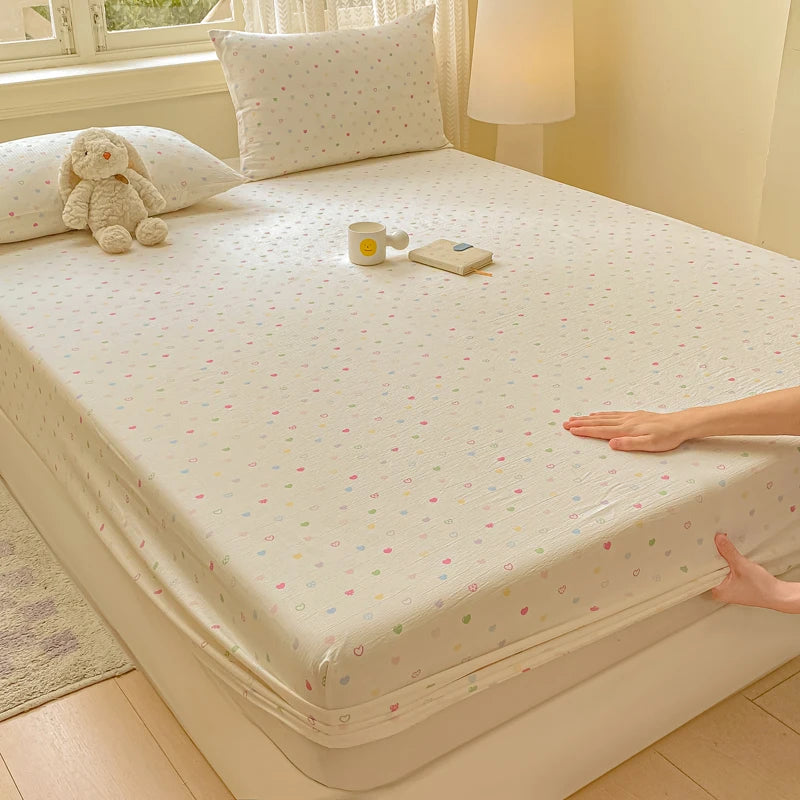 Double Yarn Pure Cotton Fitted Sheet, Soft Comfy Floral Printed Mattress Protector, Grade A Skin Friendly Elastic Bed Sheet