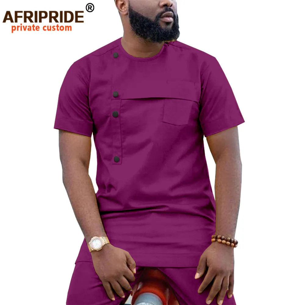 Men Clothing Ankara Pants Set, Dashiki Shirt 2 Piece Outfit, Crop Top Attire Short Sleeve Casual